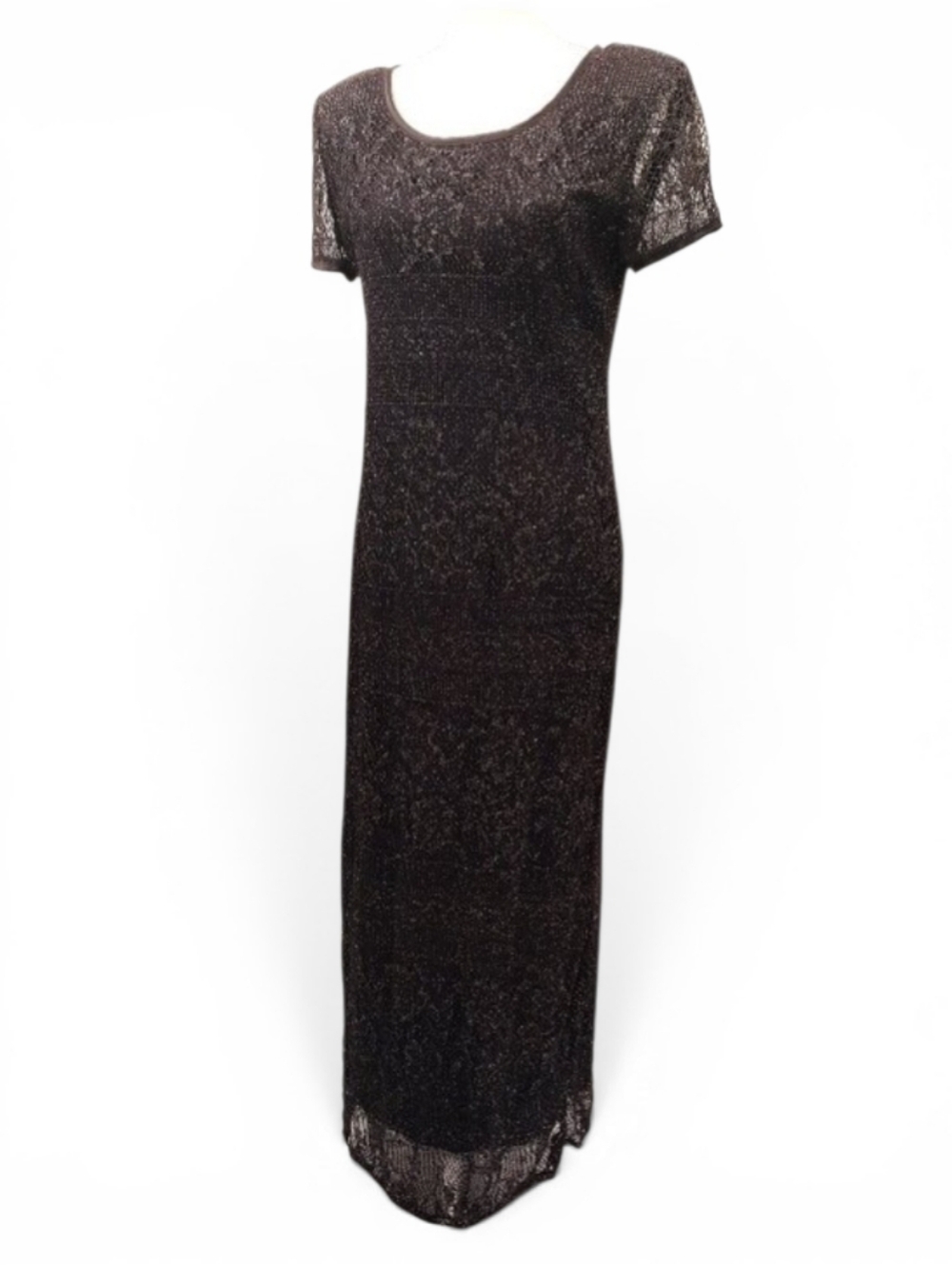 Vtg Jessica Howard Maxi Dress Size M Black Metallic Knit Lace Overlay Whimsygoth